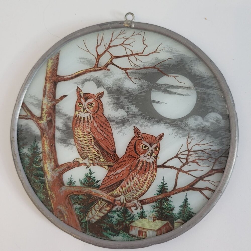 Vintage Owl Stained Glass Art Suncatcher With Metal Frame - 8 Inch Diameter